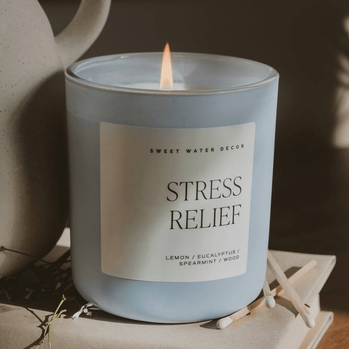 Stress Relief Soy Candle - Blue Matte Jar - 15 oz - Sweet Water Decor, view 3