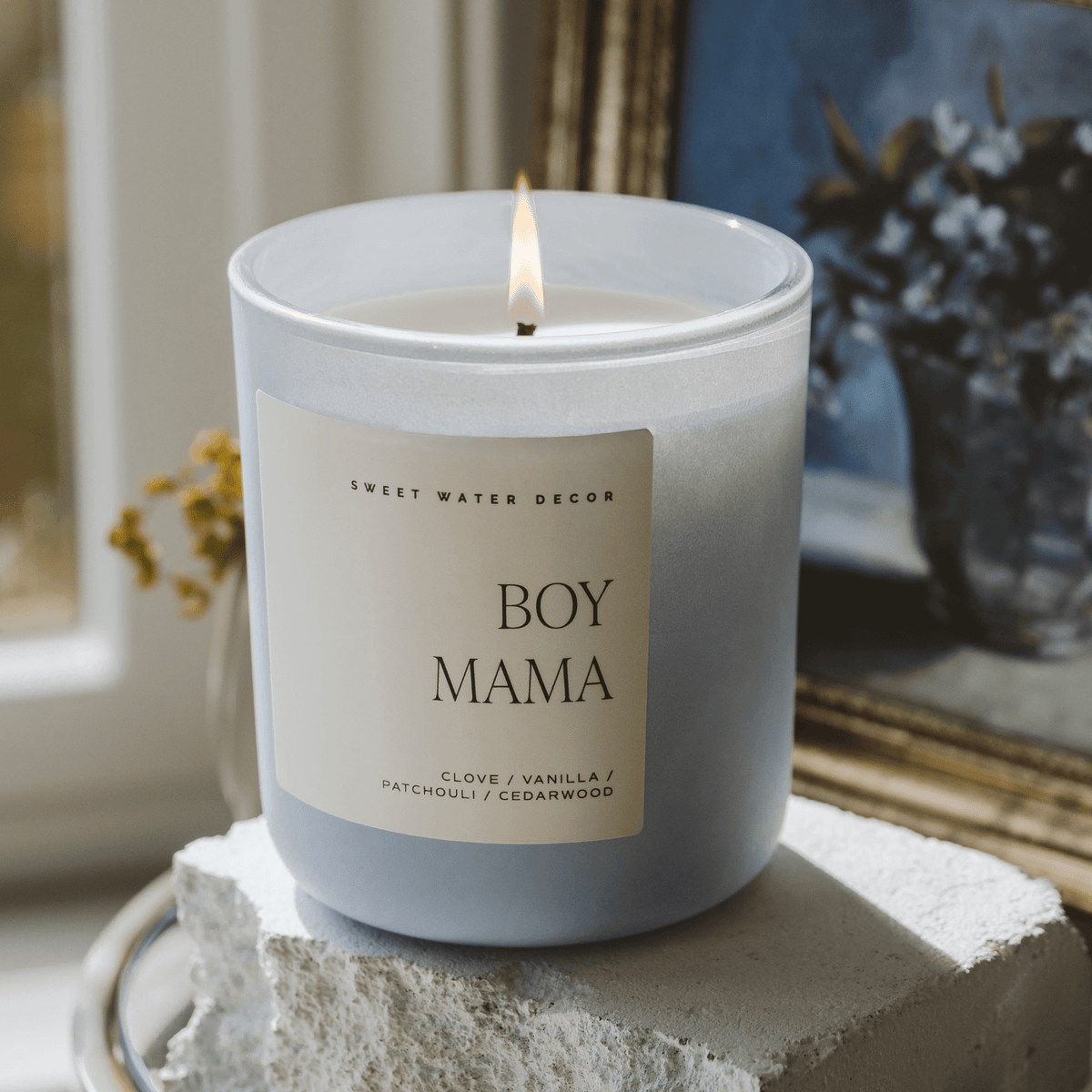 Boy Mama Soy Candle - Blue Matte Jar - 15 oz (Palo Santo Patchouli) - Sweet Water Decor, view 2
