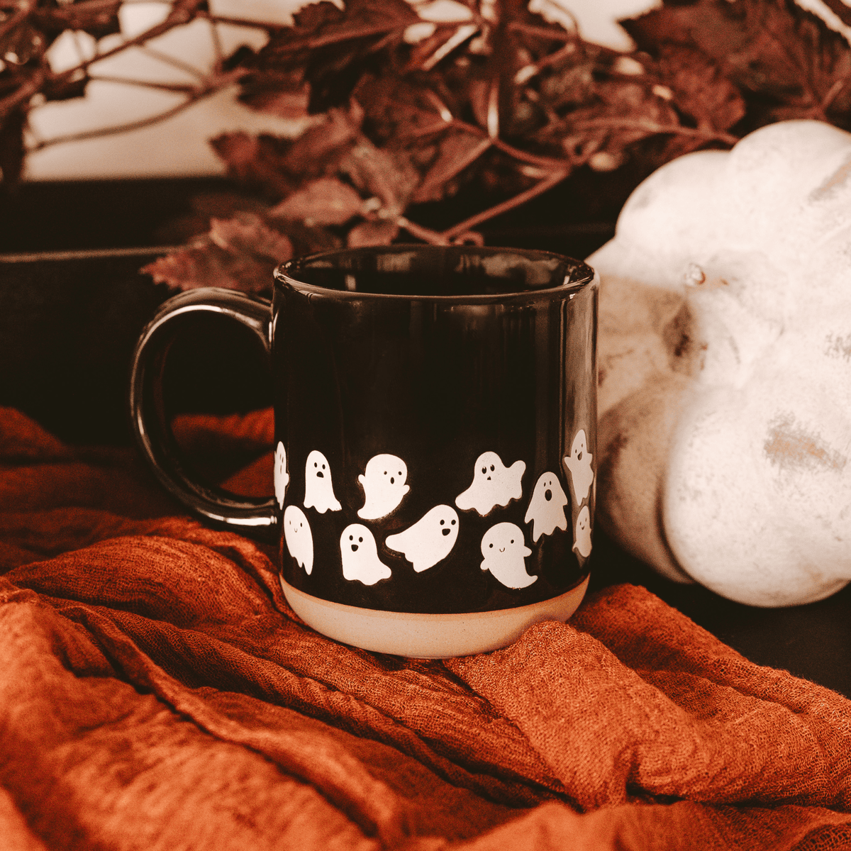 Ghosts 14 oz Black Stoneware Coffee Mug - Sweet Water Decor, view 2