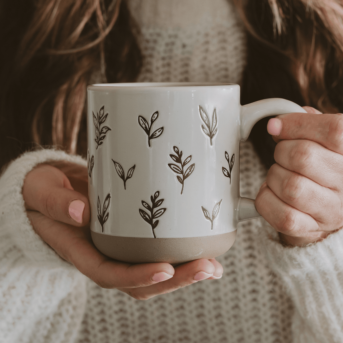 Brown Leaves 14 oz Stoneware Coffee Mug - Sweet Water Decor, view 4