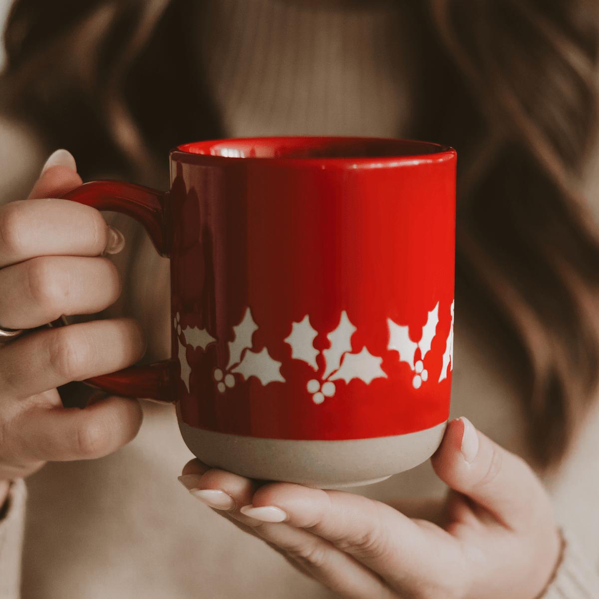 Holly 14 oz Red Stoneware Coffee Mug - Sweet Water Decor, view 3