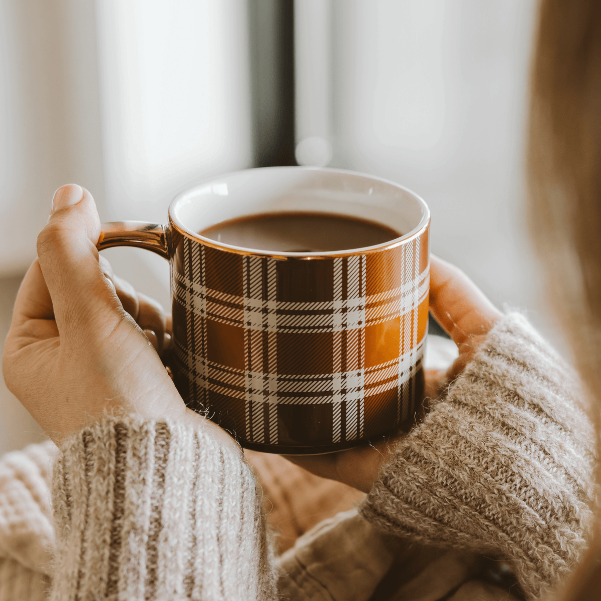 Brown Plaid 14 oz Gold Handle Coffee Mug - Sweet Water Decor, view 3