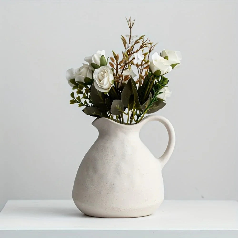 Ceramic Kettle Vase, Rustic White Cylinder Pottery with Handle — House of Avana, view 34 of 34