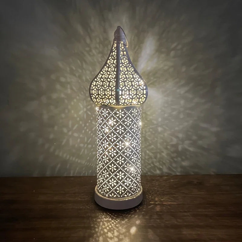 Christmas Decoration LED Illuminated Wind Lantern Iron Art Ornament, New Moroccan White Iron Hollow Lantern, Perfect Christmas Gift,, Battery Operated, Home Bedroom Living Room Indoor Decor, Batteries Not Included