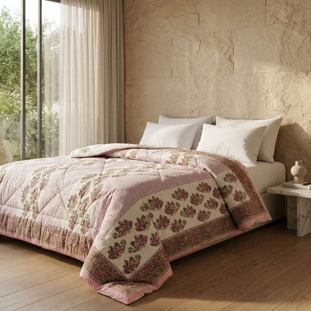 Cream & Deep Pink Floral Jaipur Indian Hand Block Print Quilted Comforter — House of Avana, view 2 of 9