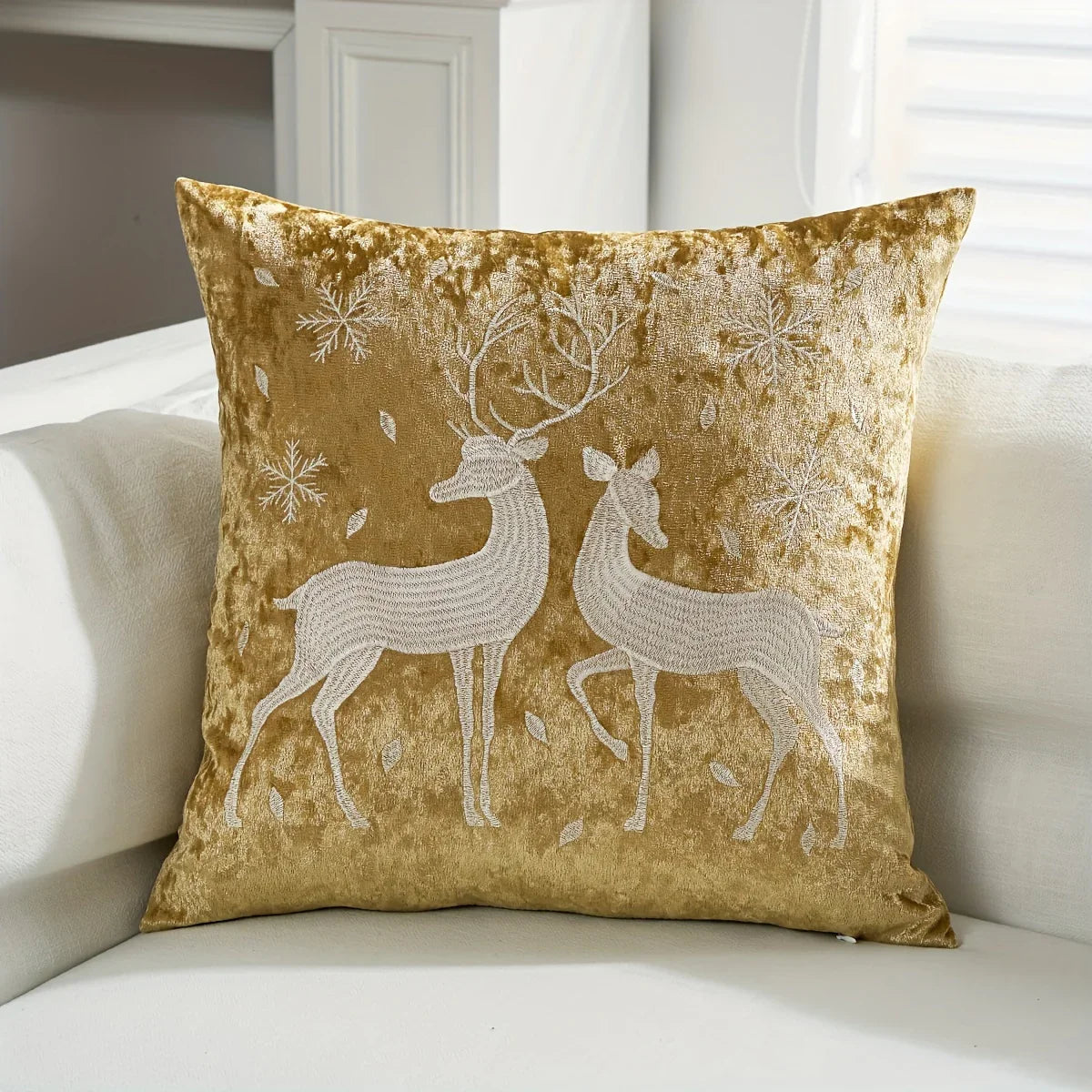 Cotton Christmas Pillow Cover 18x18 inches, White with Golden Snowflake Design