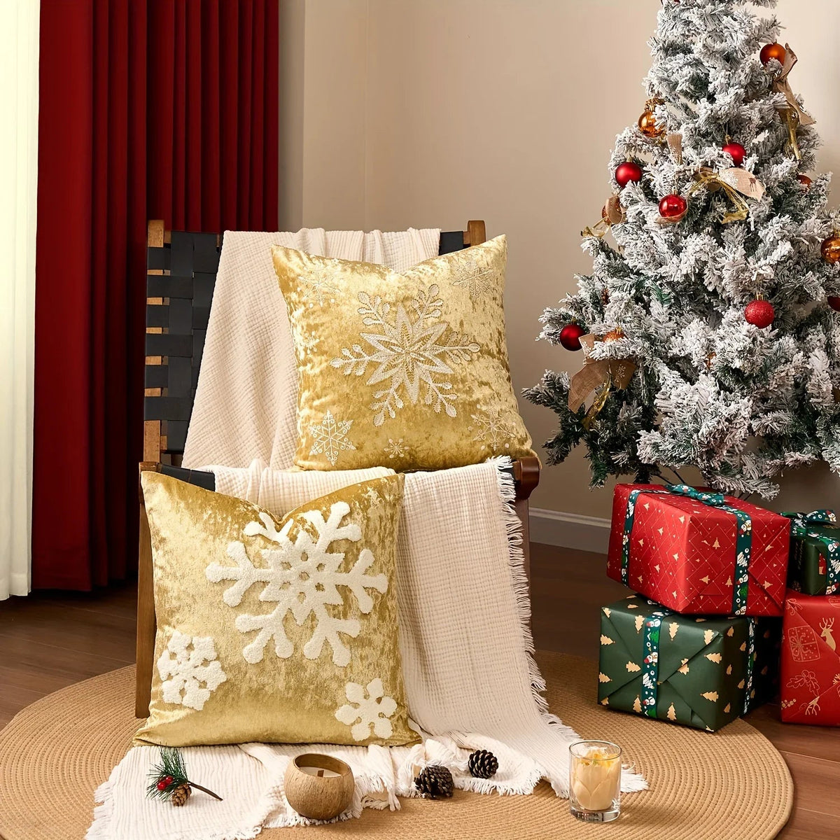 Cotton Christmas Pillow Cover 18x18 inches, White with Golden Snowflake Design