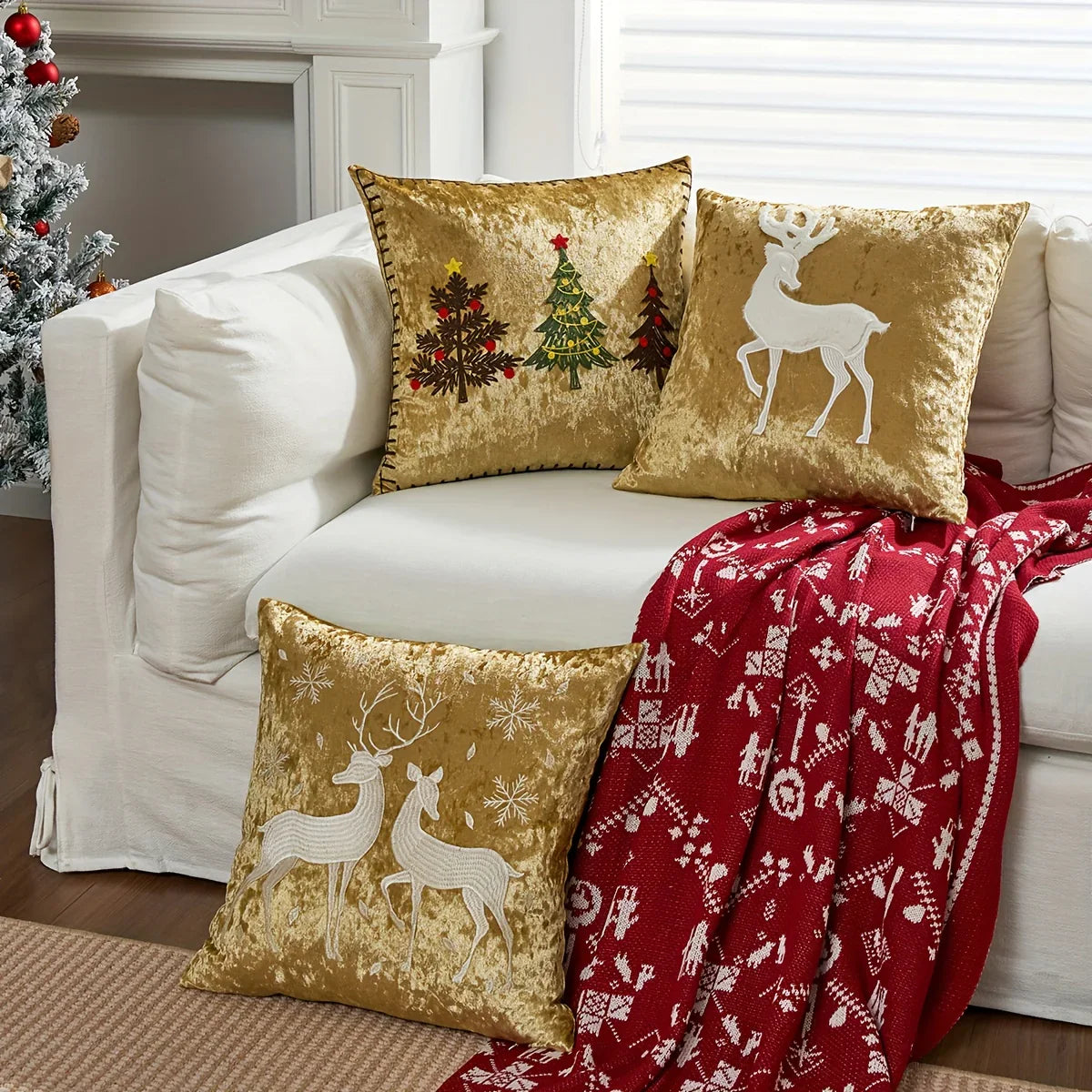 Cotton Christmas Pillow Cover 18x18 inches, White with Golden Snowflake Design