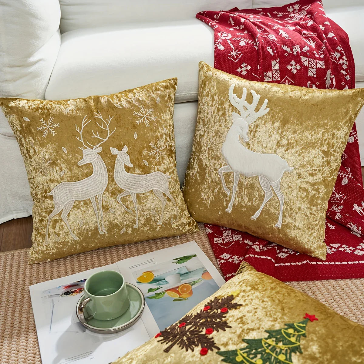 Cotton Christmas Pillow Cover 18x18 inches, White with Golden Snowflake Design