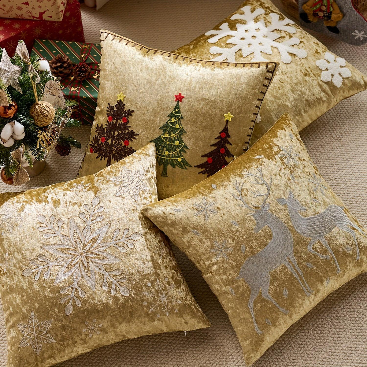 Cotton Christmas Pillow Cover 18x18 inches, White with Golden Snowflake Design