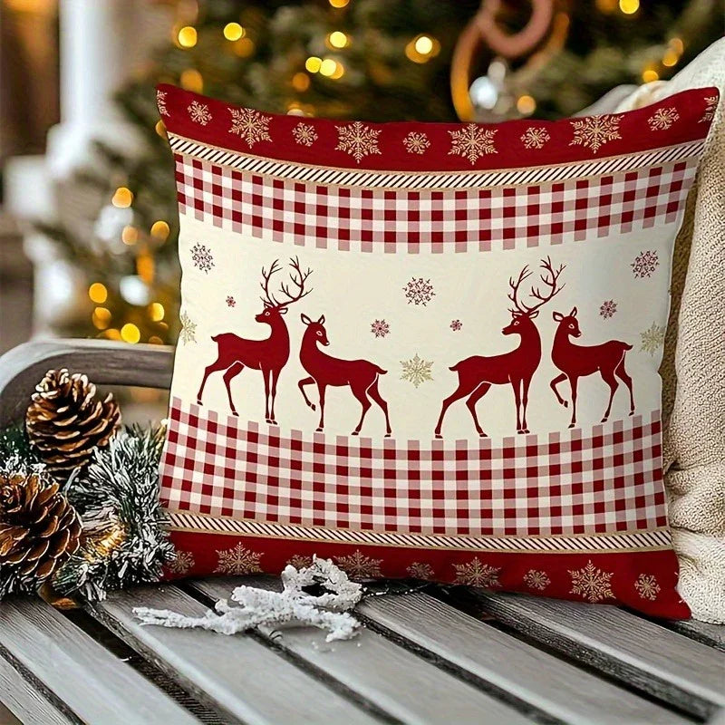 Cotton Reindeer Pillow Covers, Red and White Checkered Christmas Decoration, 2pcs