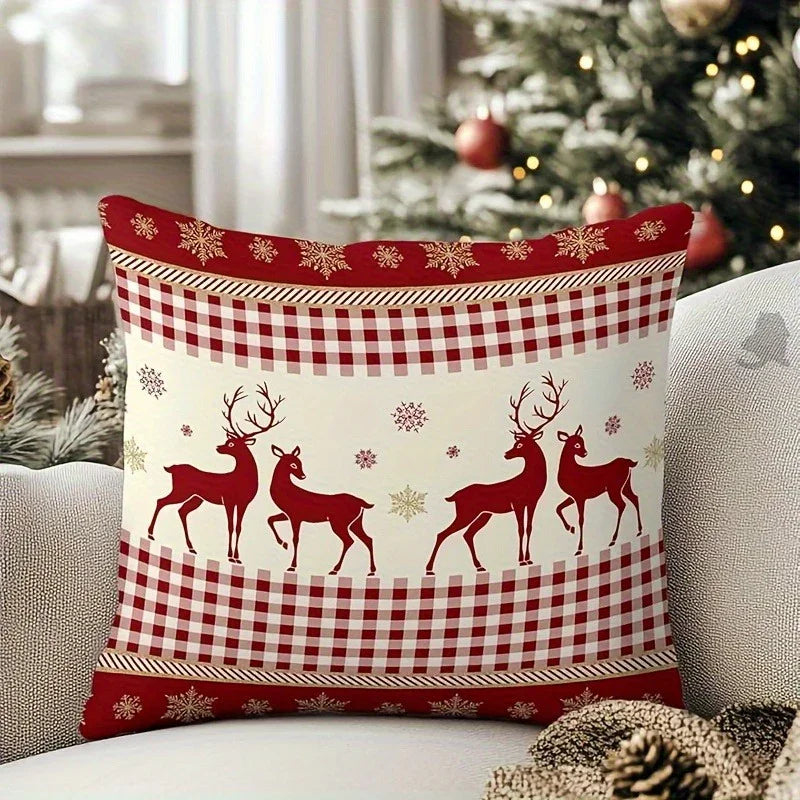 Cotton Reindeer Pillow Covers, Red and White Checkered Christmas Decoration, 2pcs
