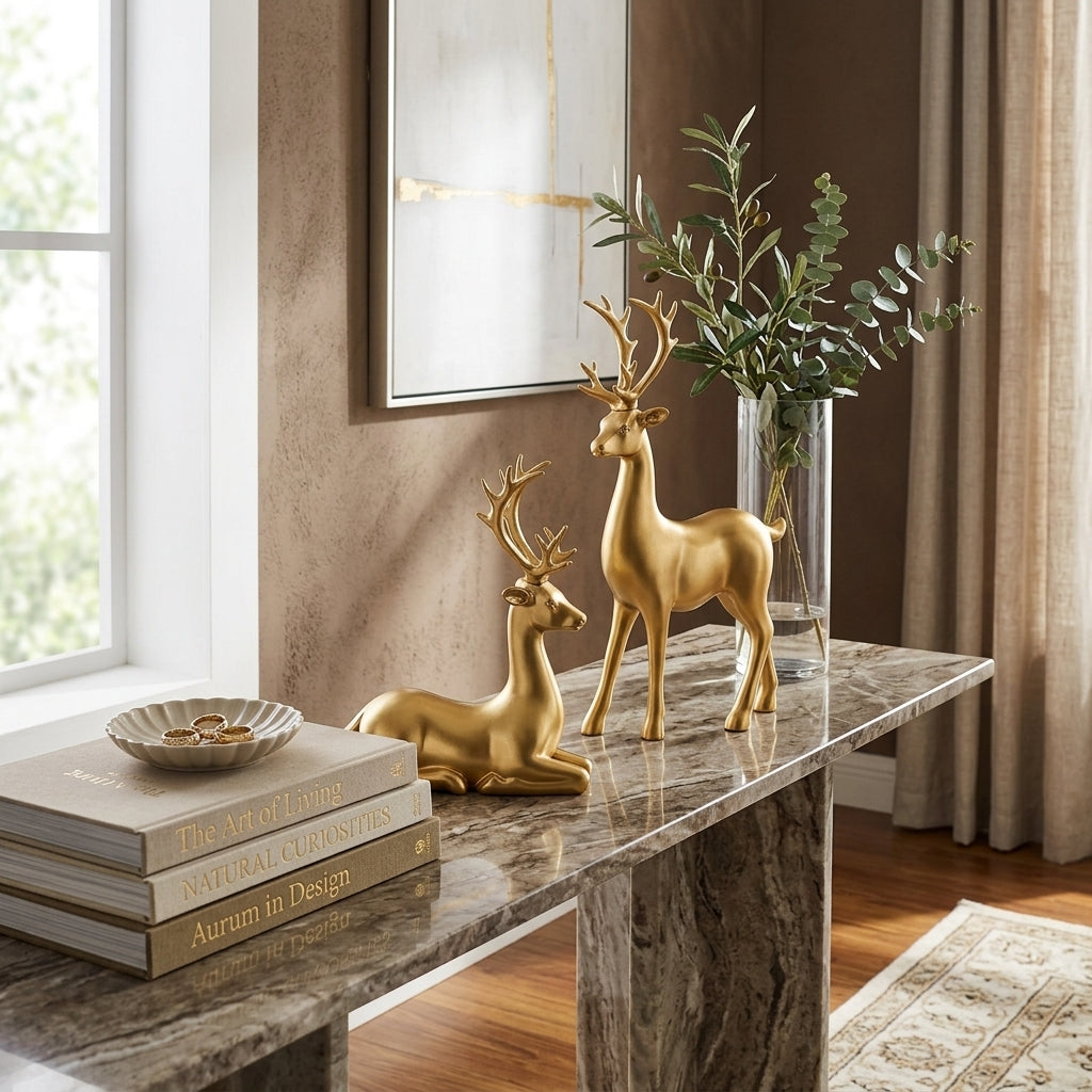 Golden Deer Figurine Set with Crystal Floral Accents
