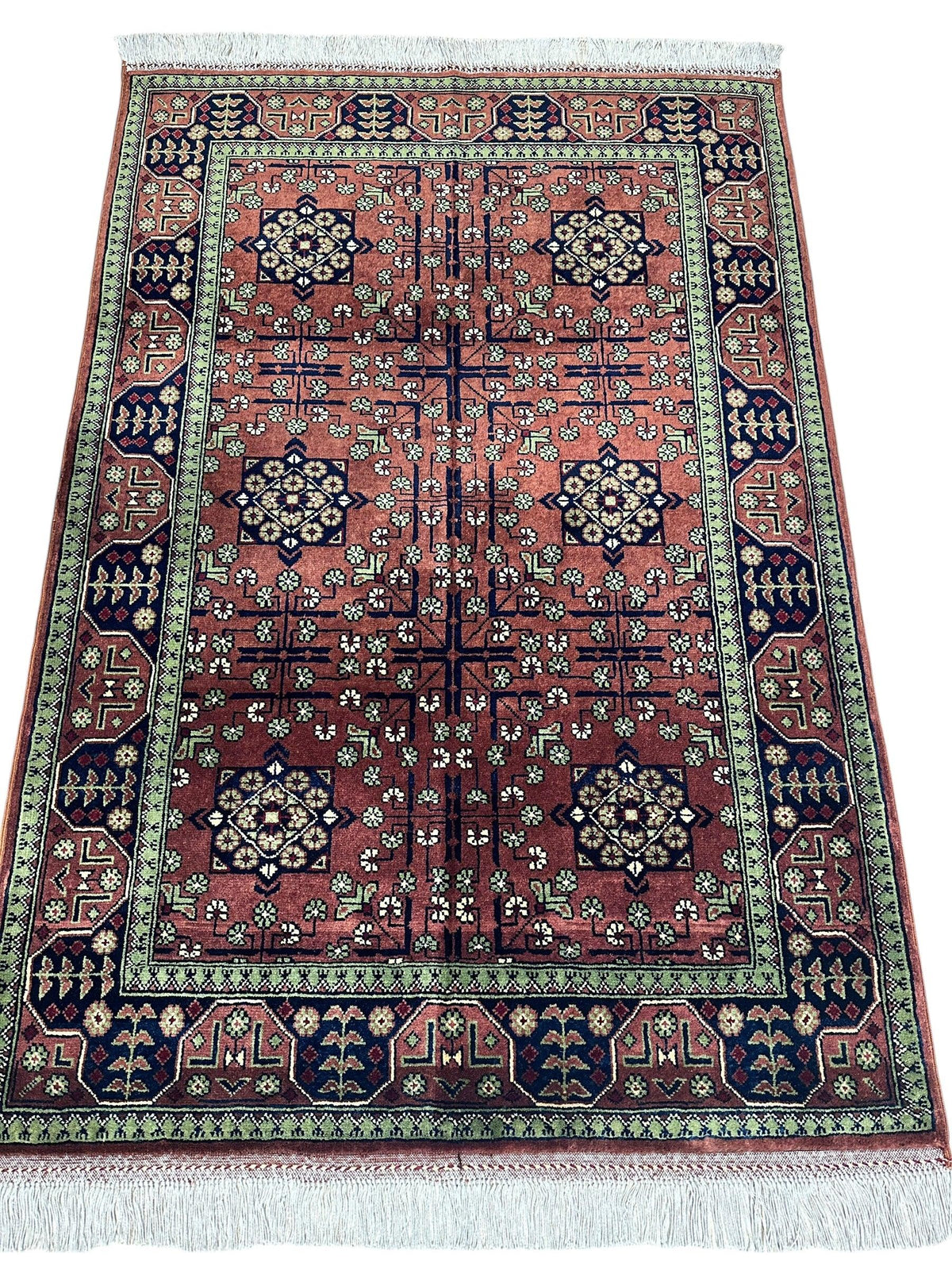 Afghan Turkmen Crosses Medallion Rug 3x5 | Rust, Navy, Green & Ivory | Hand-Knotted Wool - Rugistan, view 2
