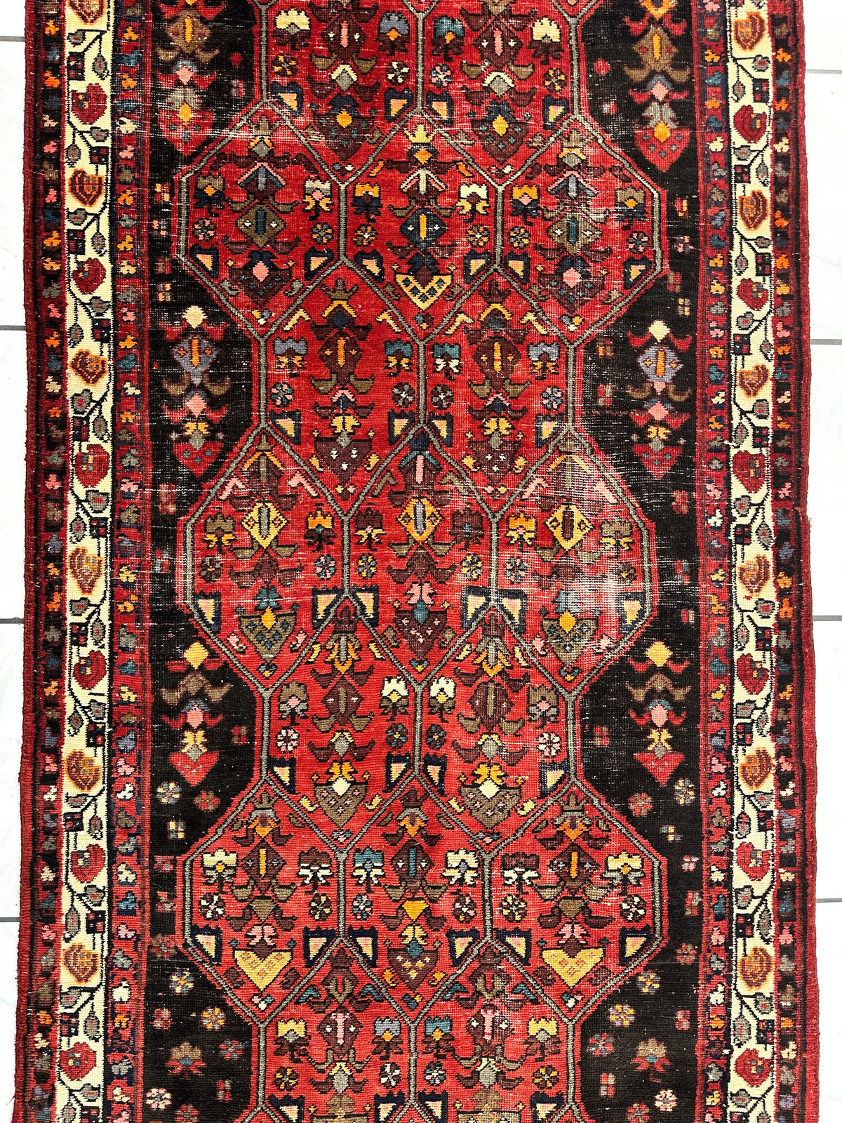 Vintage Persian Hamadan Medallion Runner 4x10 | Red, Navy & Ivory | Hand-Knotted Wool - Rugistan, view 5
