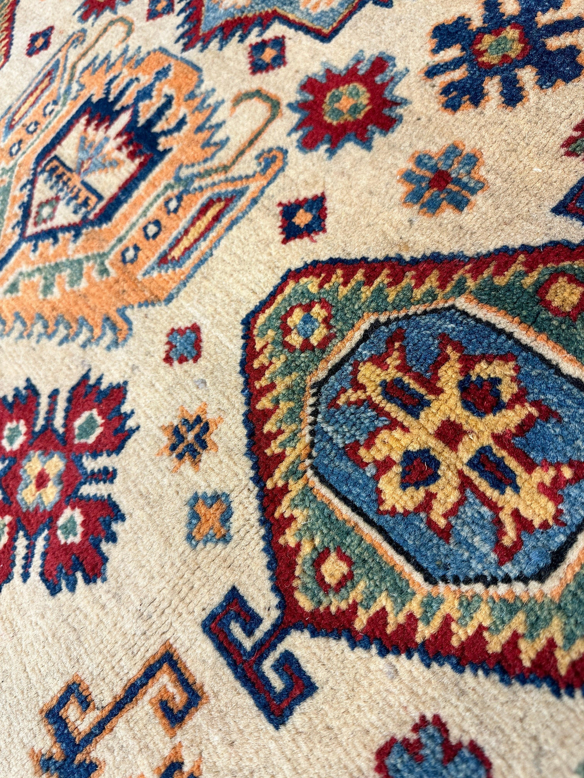 Afghan Kazak Medallion Rug 5x7 | Ivory, Red, Navy & Light Blue | Hand-Knotted Wool - Rugistan, view 4