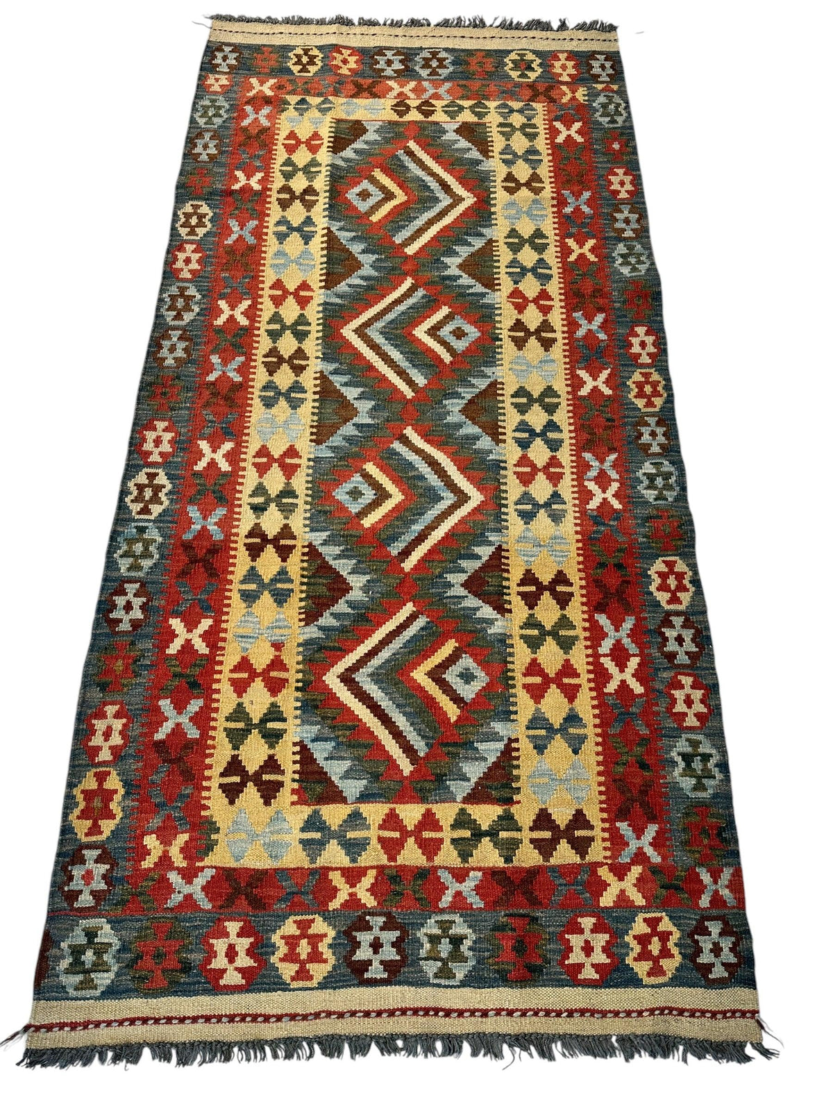 Afghan Maimana Kilim Rug 3x7 | Red, Gray & Beige | Hand-Woven Wool Flatweave - Rugistan, view 2