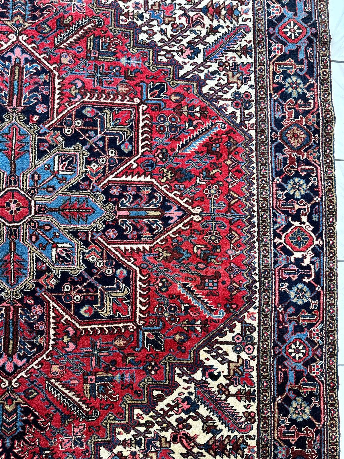 Vintage Persian Heriz Rug 9x12 | Red, Ivory & Navy | Hand-Knotted Wool - Rugistan, view 14