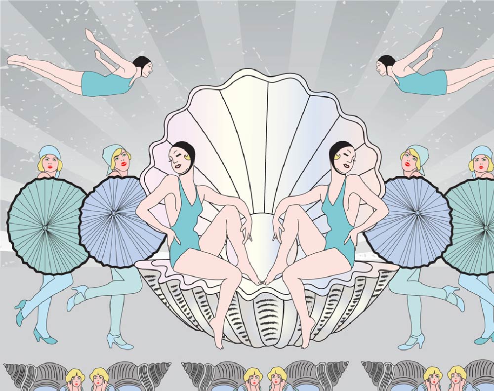 Custom Art Deco Beach Babes Wallpaper