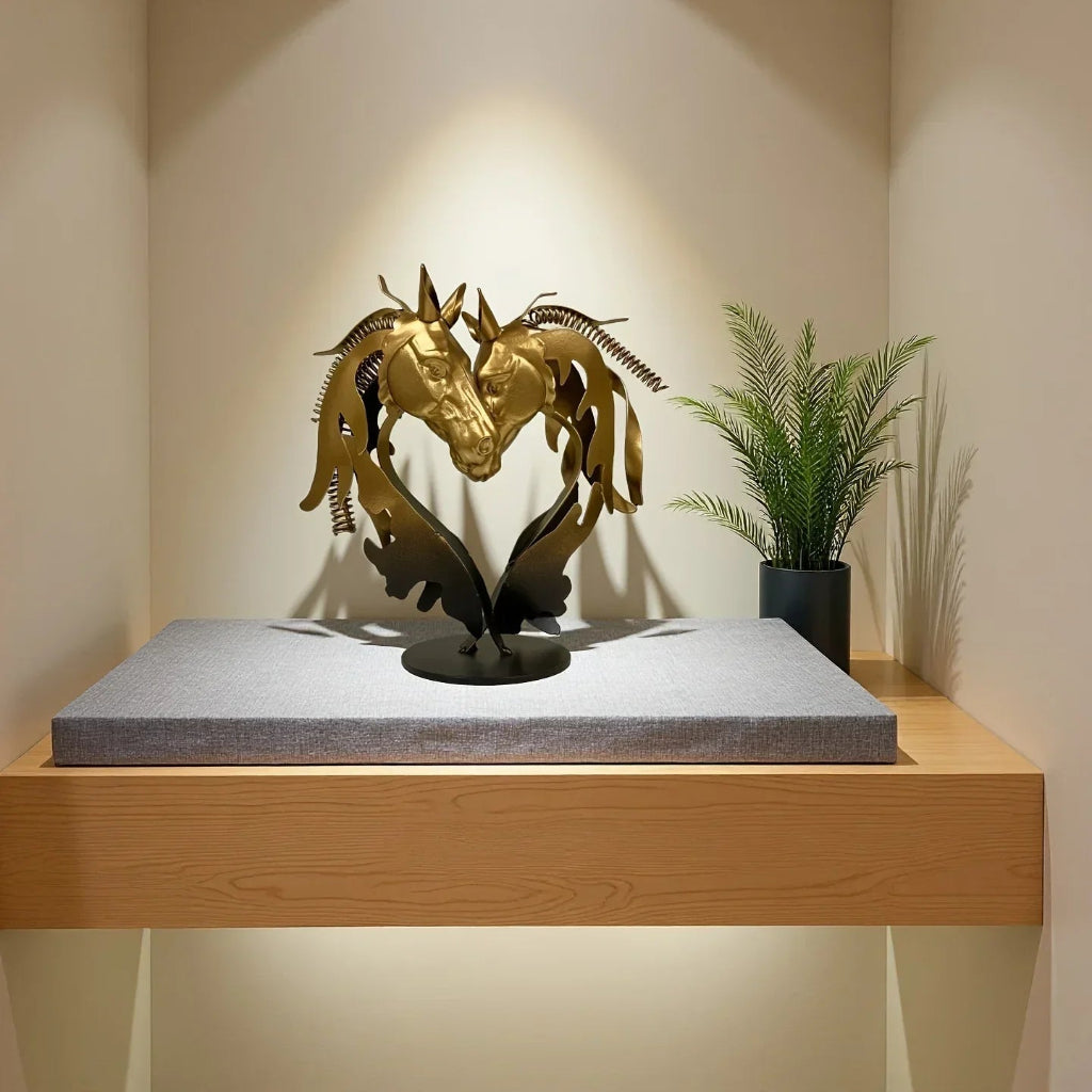 Double Horse Head Heart Metal Sculpture Romantic Gift for Horse Lovers