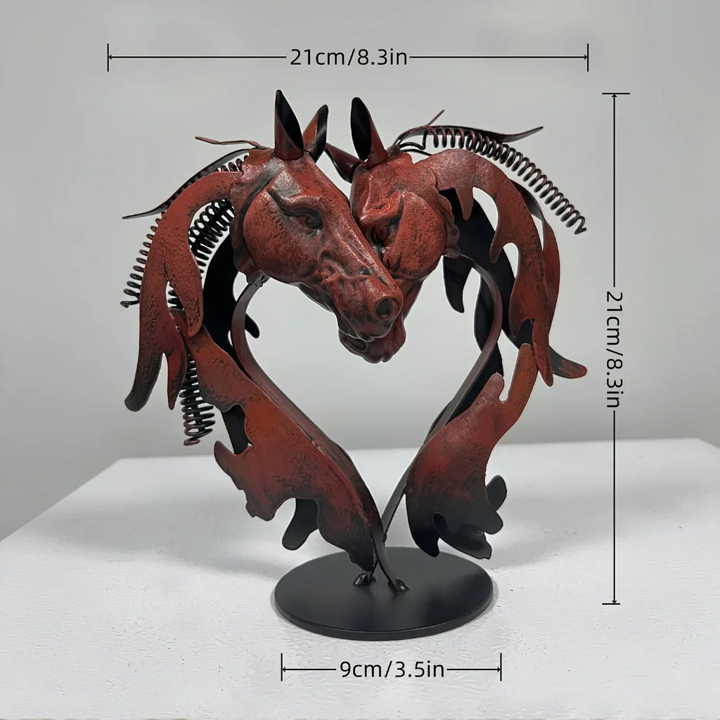 Double Horse Head Heart Metal Sculpture Romantic Gift for Horse Lovers
