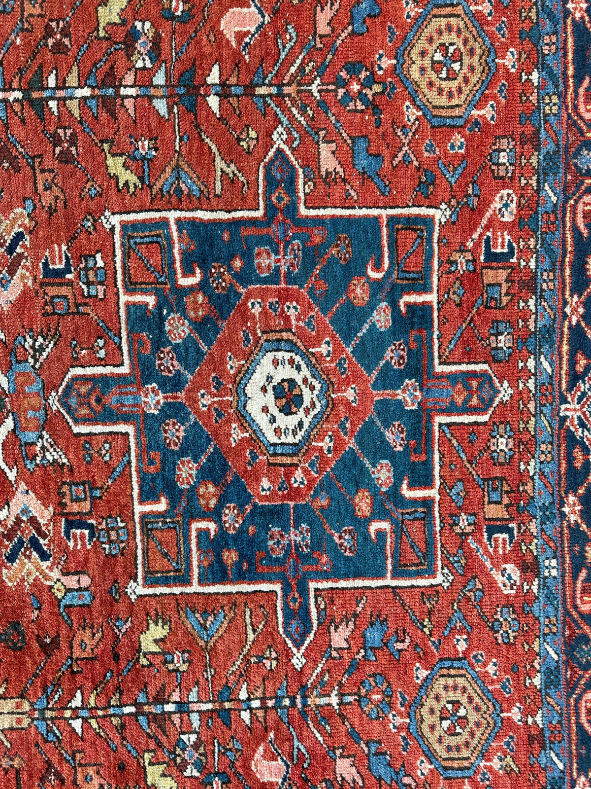Antique Persian Heriz Rug 5x6 | Rust, Navy & Ivory | Hand-Knotted Wool - Rugistan, view 8