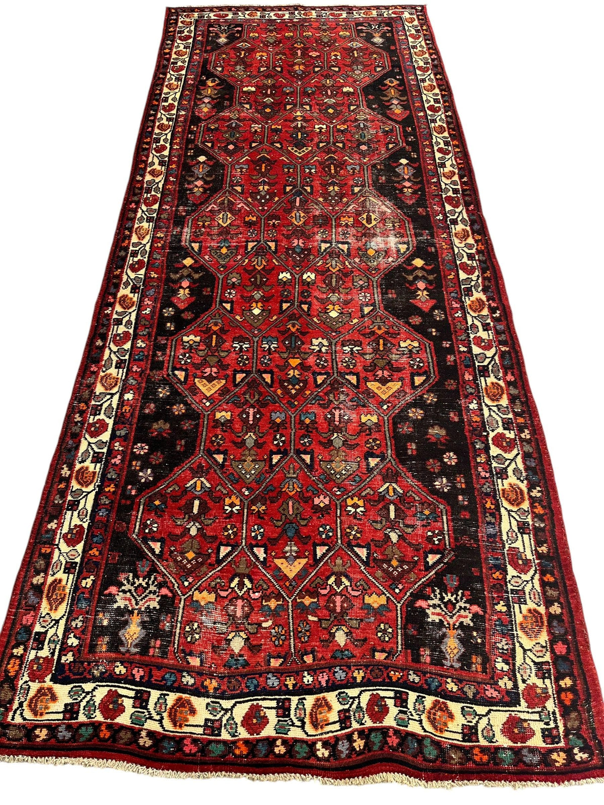 Vintage Persian Hamadan Medallion Runner 4x10 | Red, Navy & Ivory | Hand-Knotted Wool - Rugistan, view 3