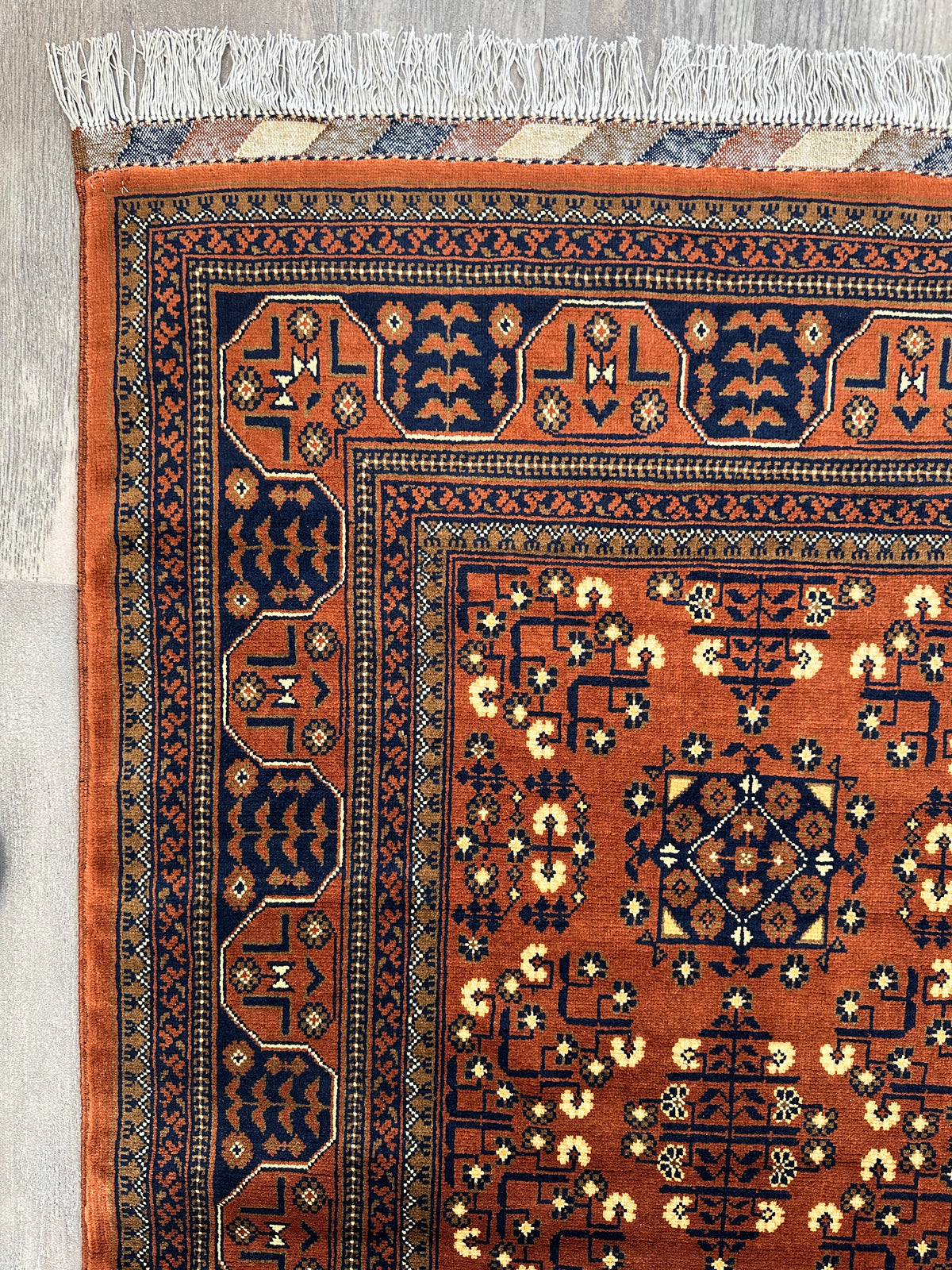 Afghan Turkmen Rug 7x10 | Orange, Navy & Ivory | Hand-Knotted Wool - Rugistan, view 8
