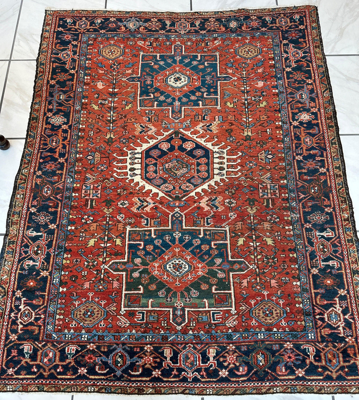 Antique Persian Heriz Rug 5x6 | Rust, Navy & Ivory | Hand-Knotted Wool - Rugistan, view 12