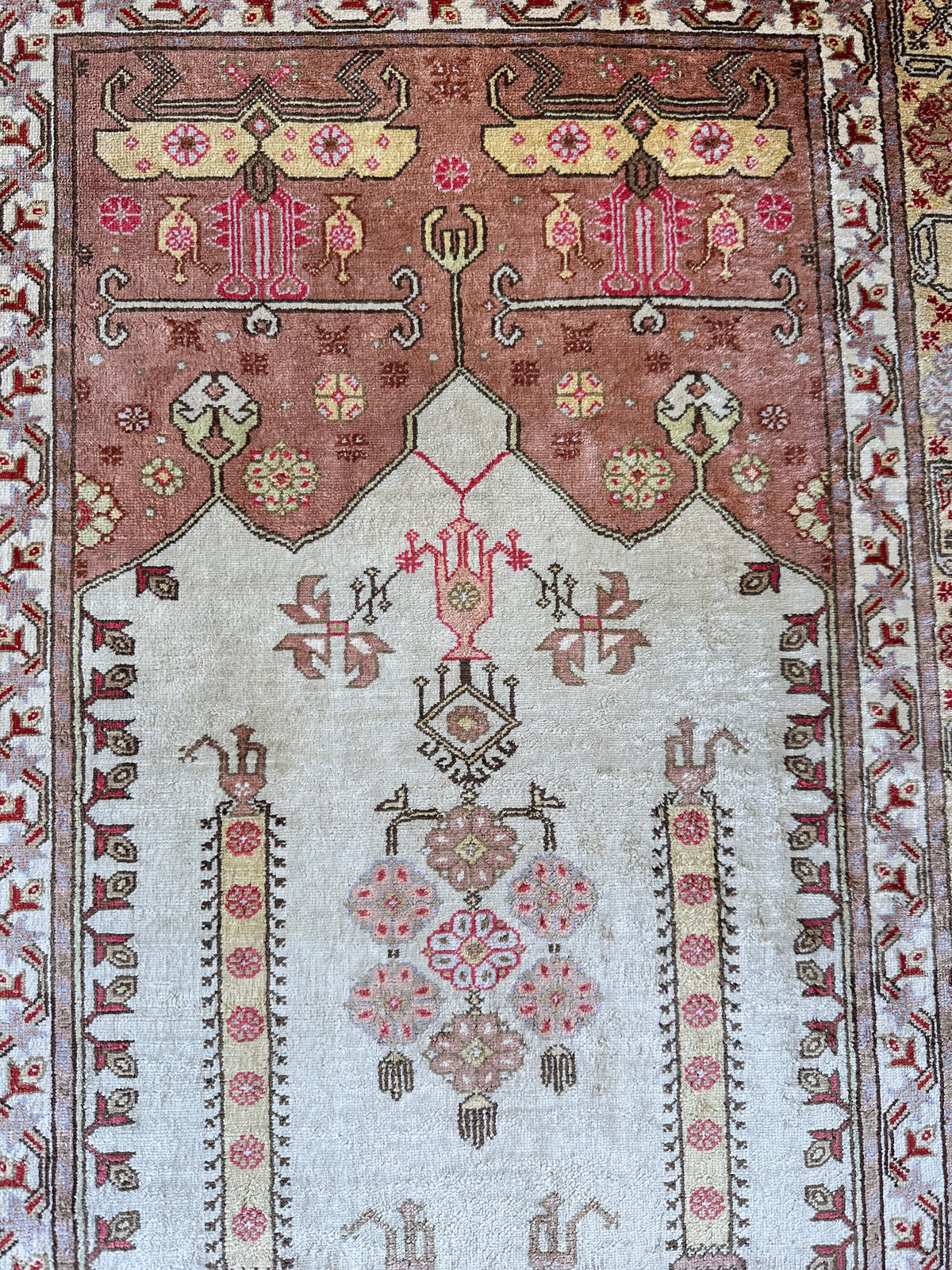 Vintage Turkish Kayseri Rug 2x3 | Ivory, Rust & Brown | Hand-Knotted Silk - Rugistan, view 11
