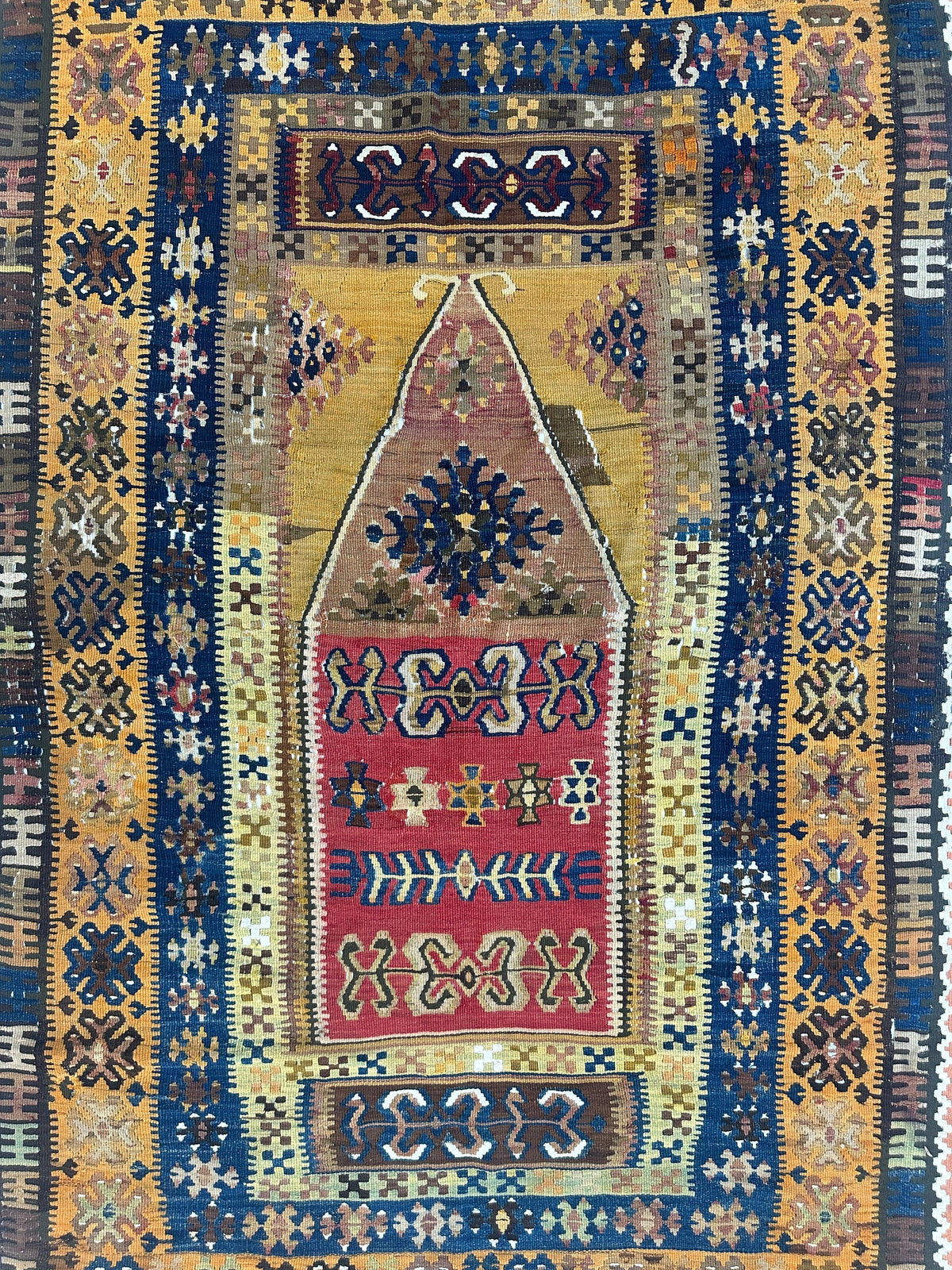 Antique Turkish Prayer Rug 4x7 | Gold, Navy & Red | Hand-Woven Wool Flatweave - Rugistan, view 2