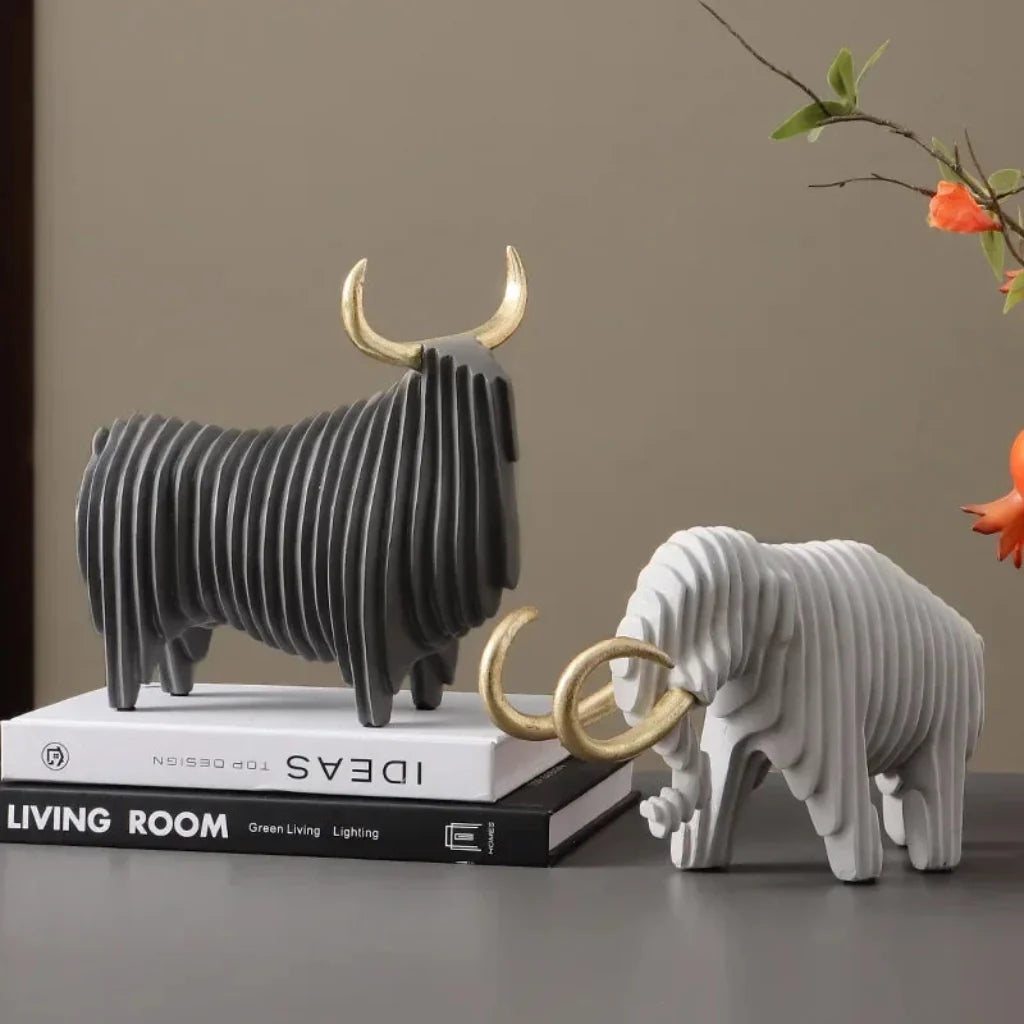 Elephant and Bull Sculpture Set Ribbed Design for Your Home