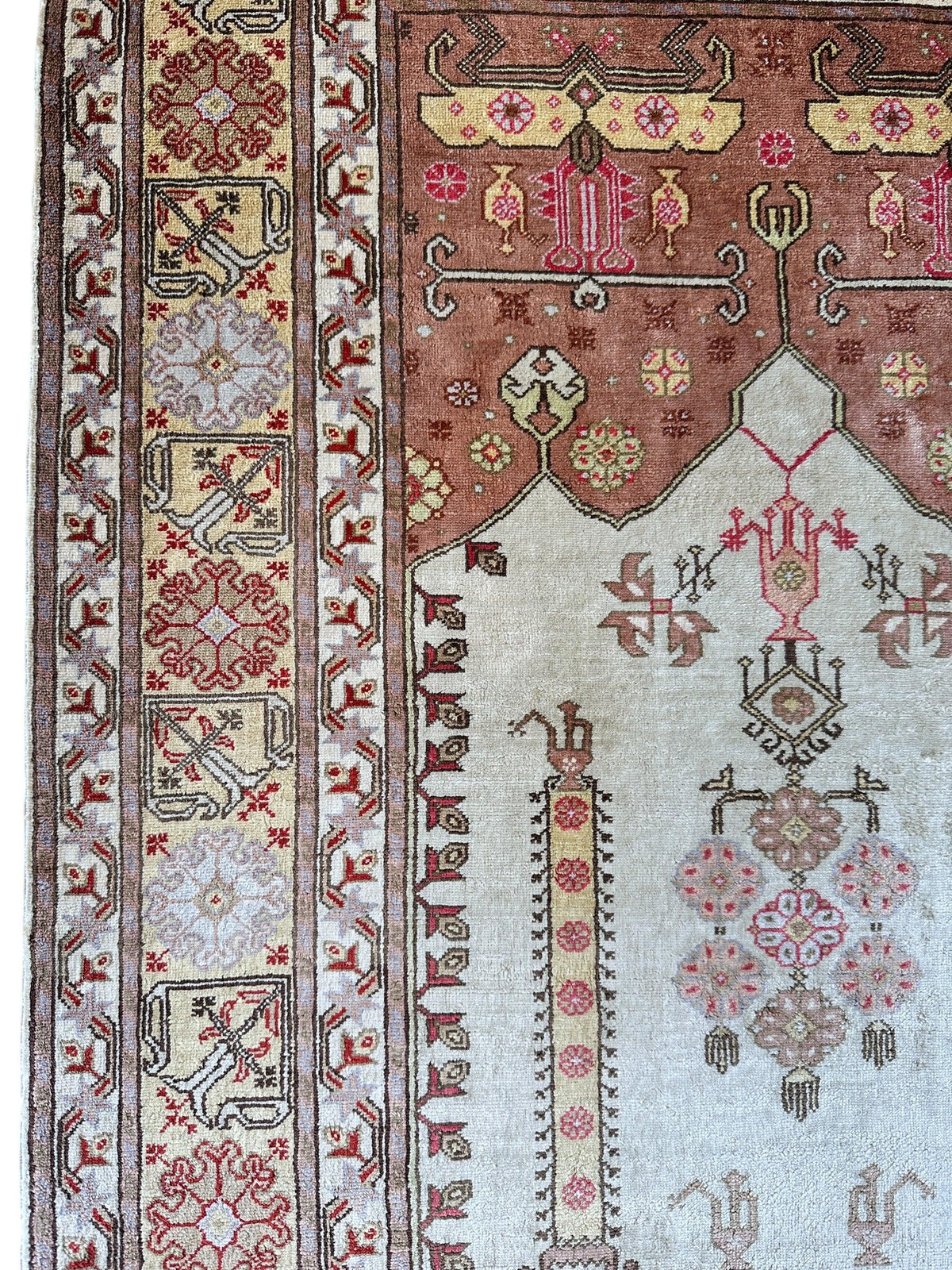 Vintage Turkish Kayseri Rug 2x3 | Ivory, Rust & Brown | Hand-Knotted Silk - Rugistan, view 5
