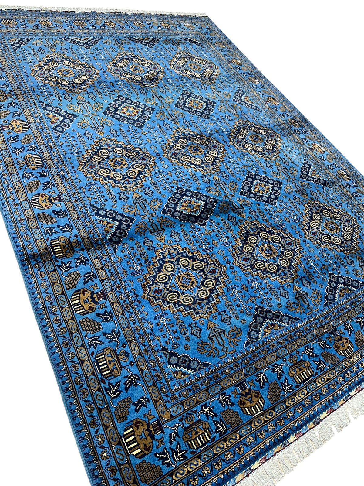 Afghan Rug 7x10 | Blue, Navy & Gold | Hand-Knotted Wool - Rugistan, view 4