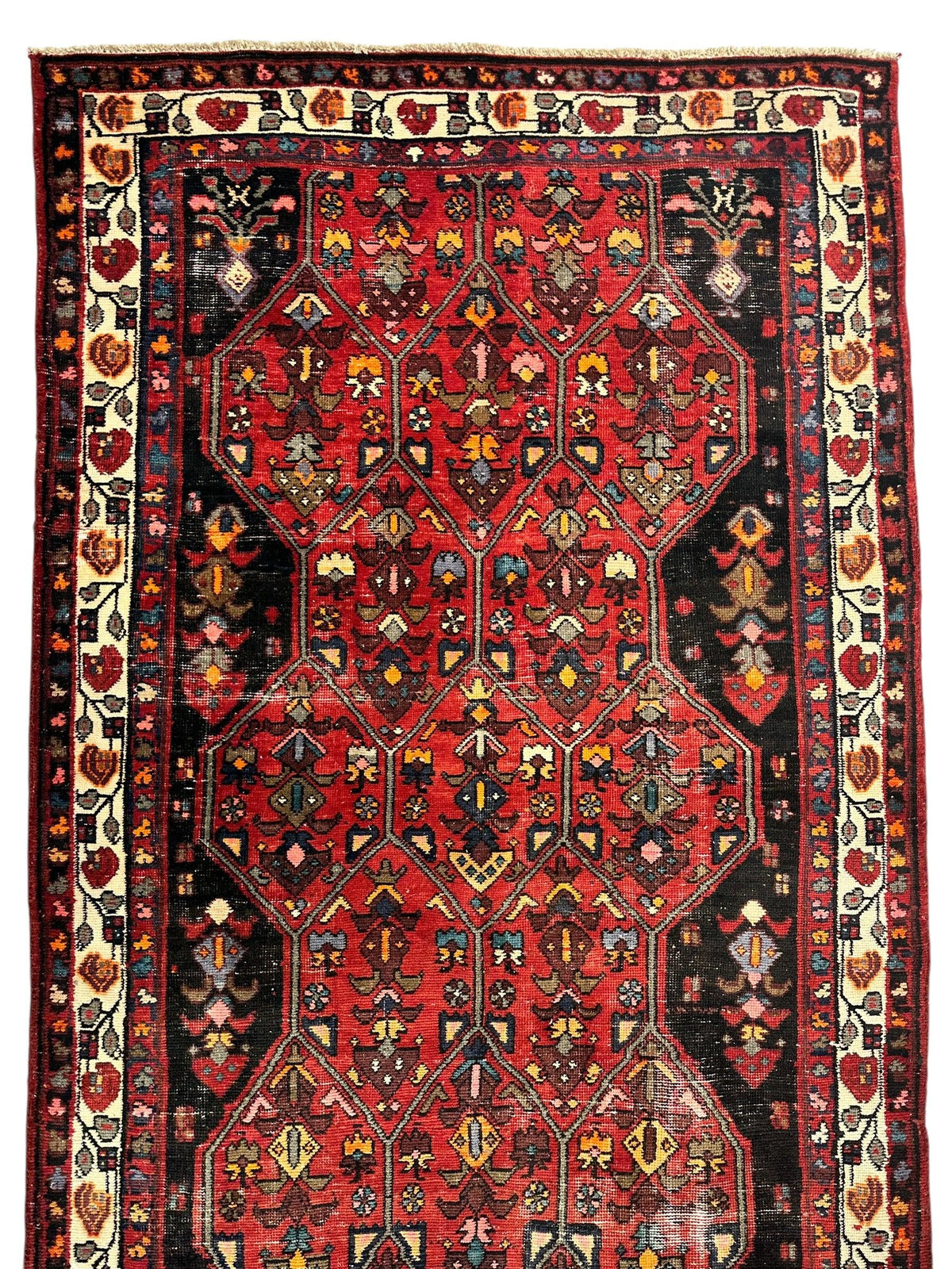Vintage Persian Hamadan Medallion Runner 4x10 | Red, Navy & Ivory | Hand-Knotted Wool - Rugistan, view 4