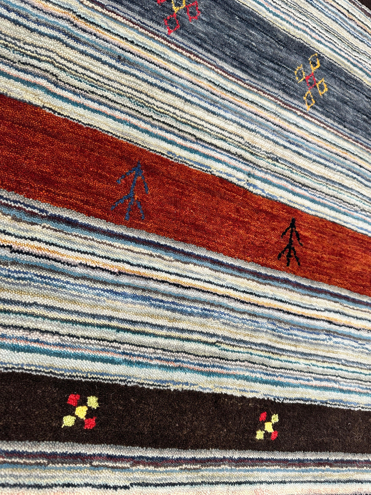 Indian Gabbeh Rug 5x7 | Ivory, Gray & Rust | Hand-Knotted Wool & Bamboo Silk - Rugistan, view 5
