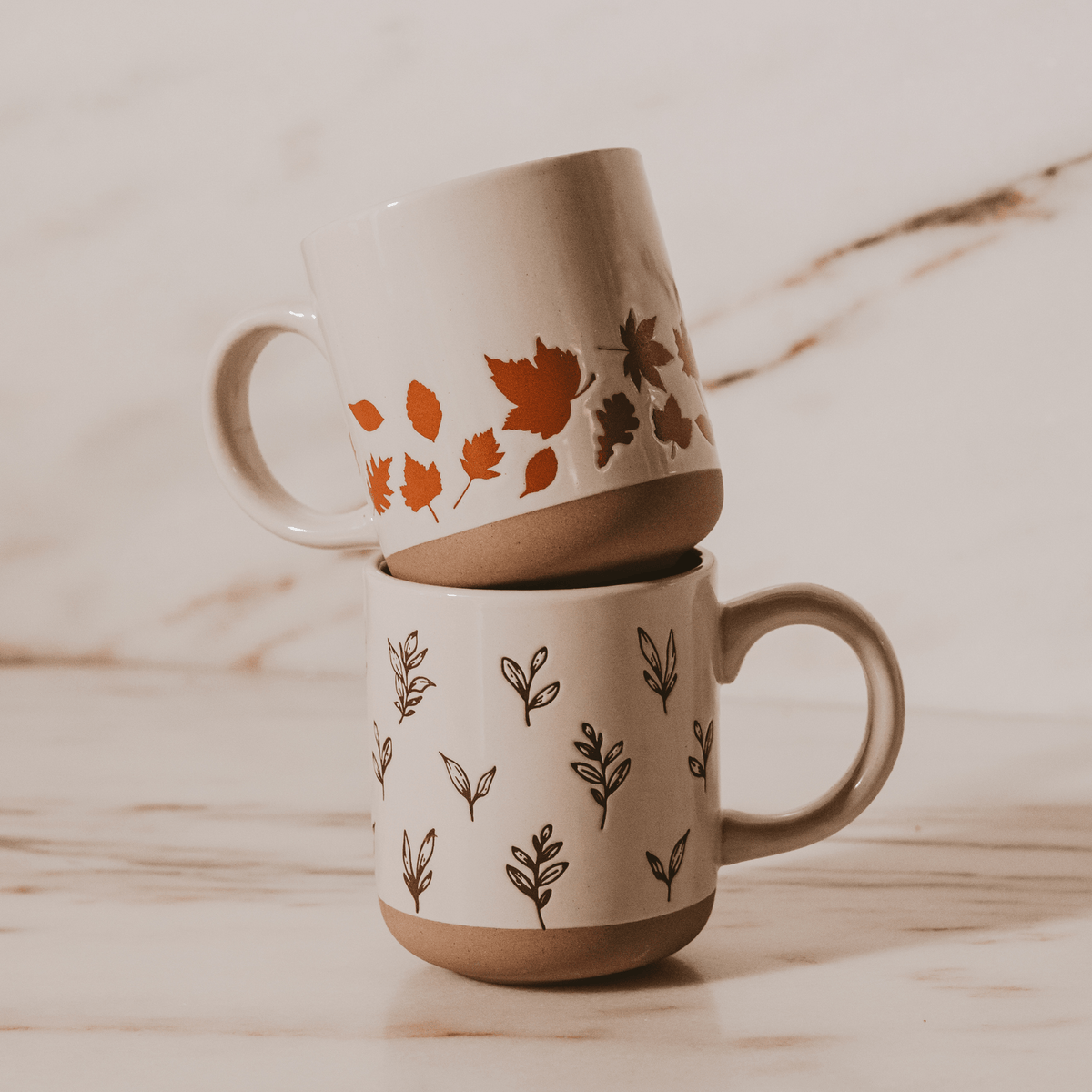 Orange Leaves 14 oz Cream Stoneware Coffee Mug - Sweet Water Decor, view 4