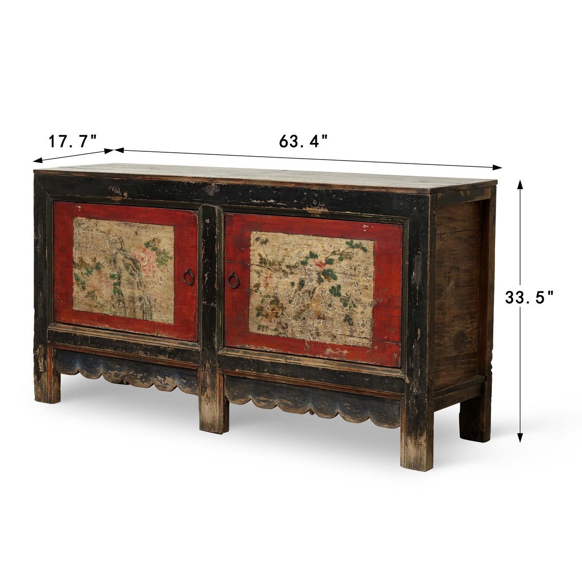 Antique sideboard with 2 doors 63.4x17.7x33.5H original polychromy