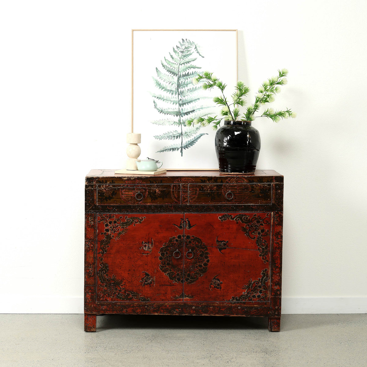 Antique sideboard with 2 doors 41.3x17.3x33.5H original polychromy