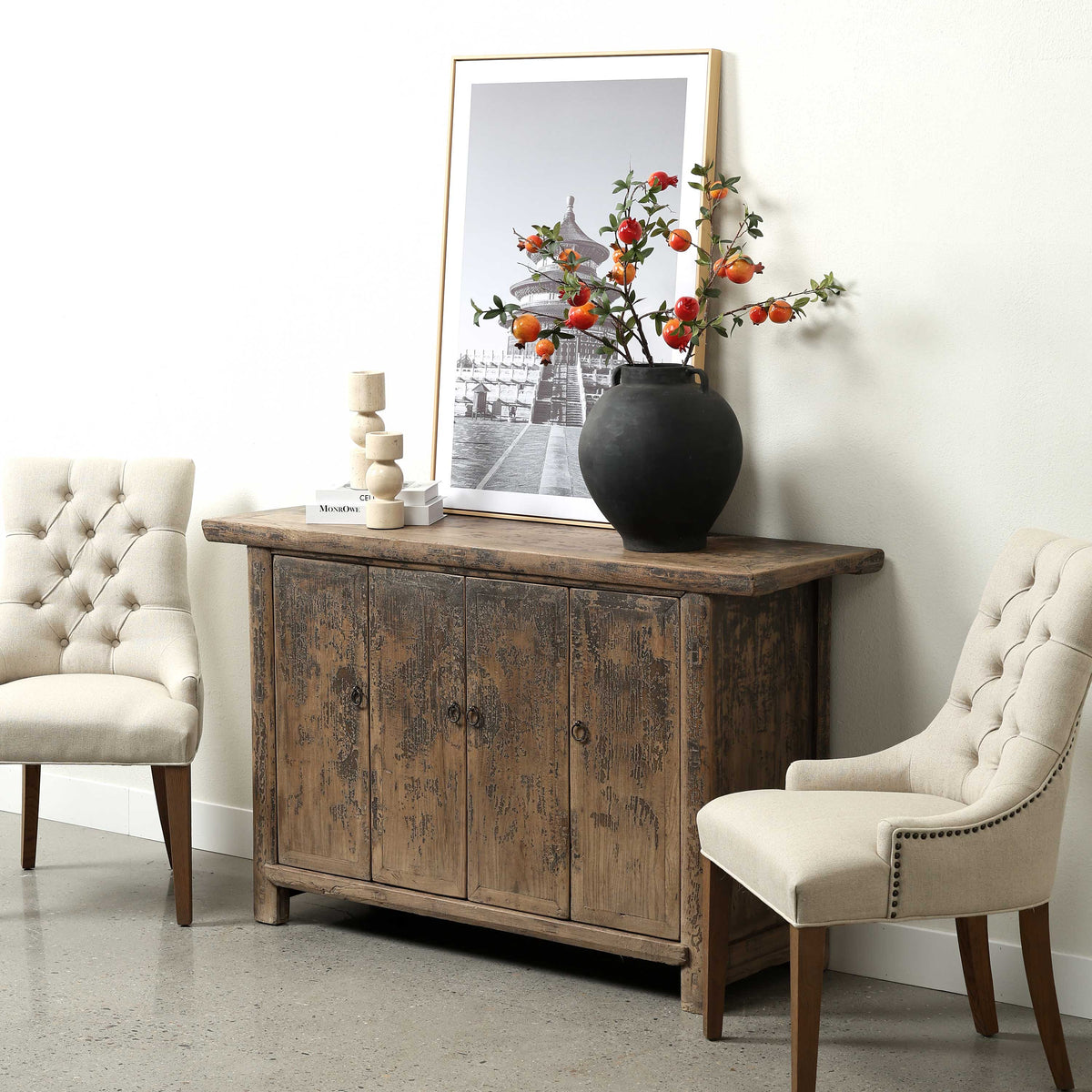 Vintage Sideboard with 4 Doors Distressed Black 57.5"x18.1"x34.6"H