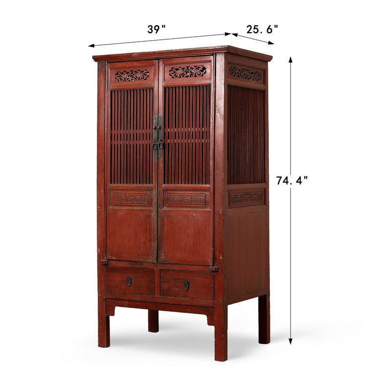 Antique Red Lacquer Lattice Door Cabinet 39"x25.6"x74.4"H image 3