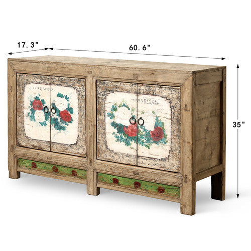 Vintage Hand-Painted Floral Sideboard 60.6"x17.3"x35"H image 2