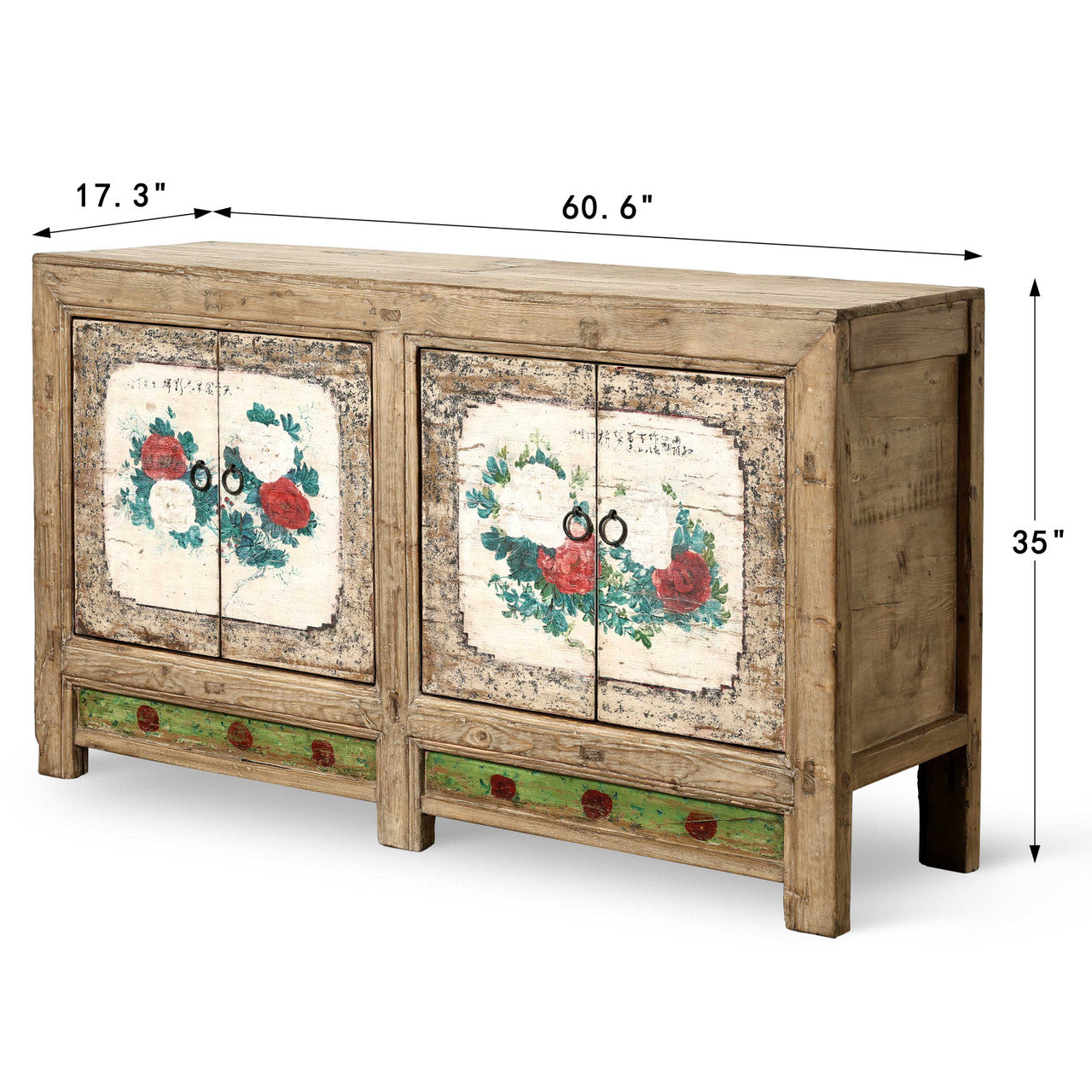 Vintage Hand-Painted Floral Sideboard 60.6"x17.3"x35"H