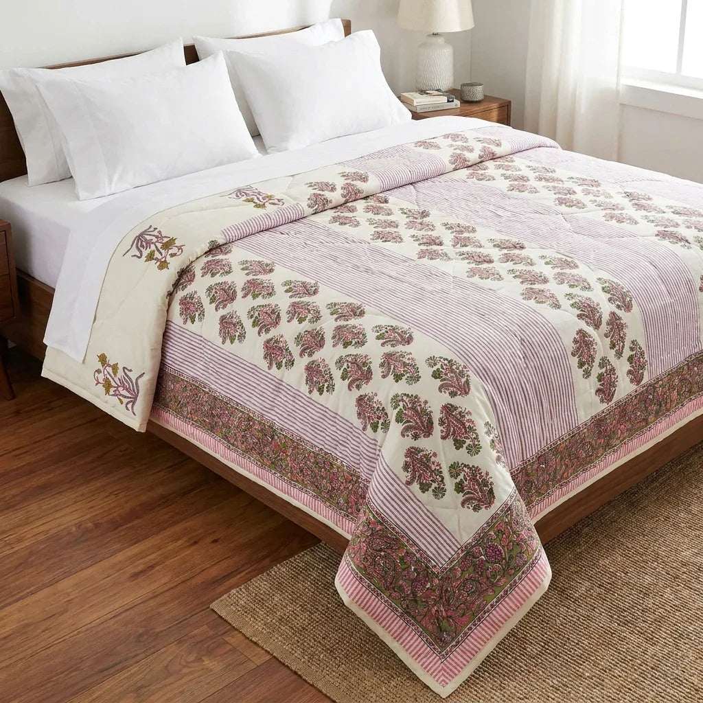 Cream & Deep Pink Floral Jaipur Indian Hand Block Print Quilted Comforter — House of Avana, view 1 of 9