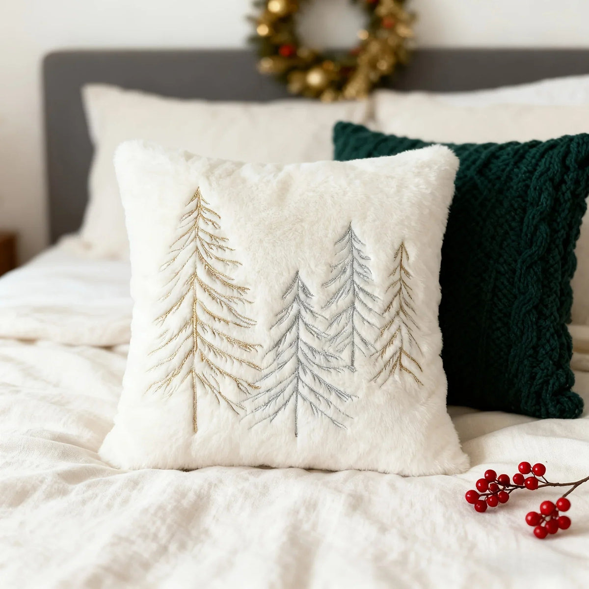 Gold Embroidered Christmas Tree Pillow Cover - Luxury Velvet Decorative Pillowcase