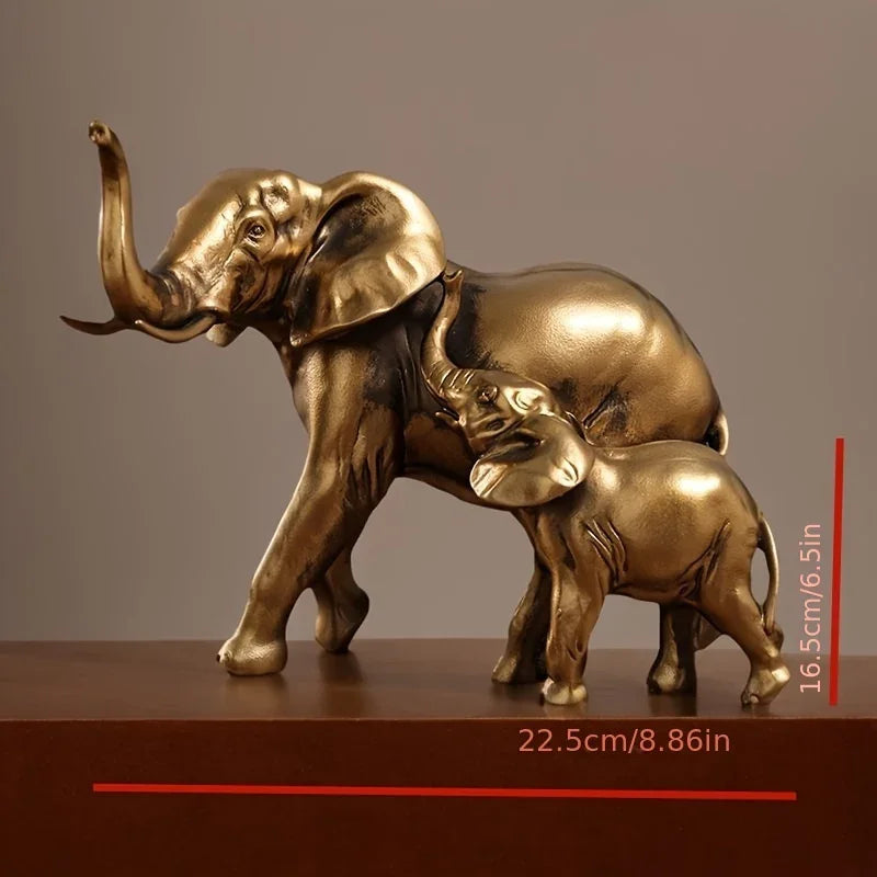 Golden Elephant Mother and Baby Family Figurine Sculpture