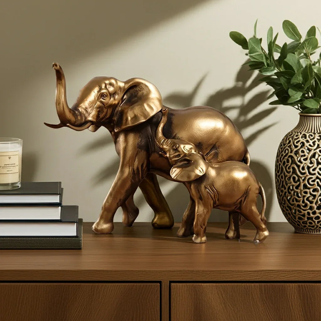 Golden Elephant Mother and Baby Family Figurine Sculpture