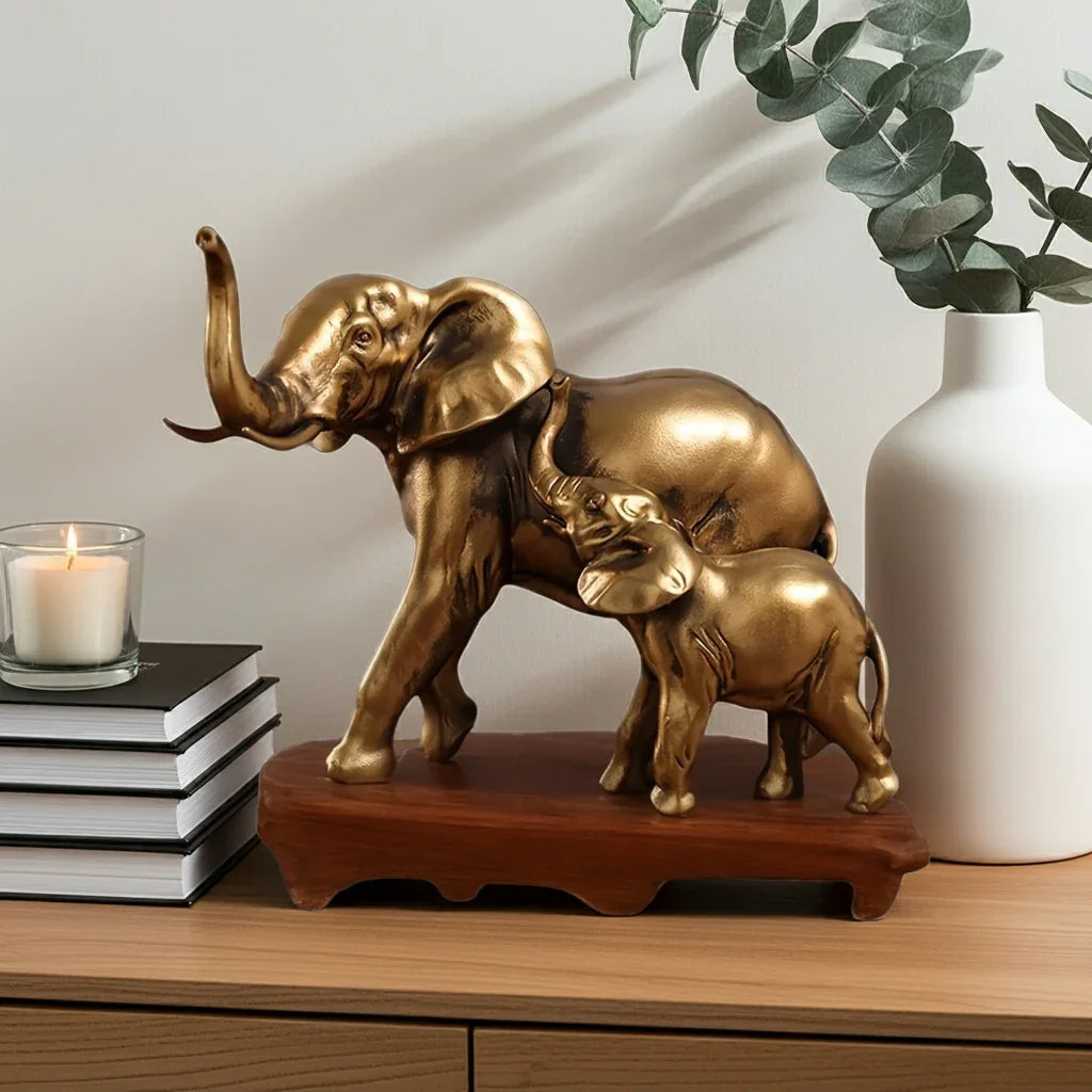 Golden Elephant Mother and Baby Family Figurine Sculpture