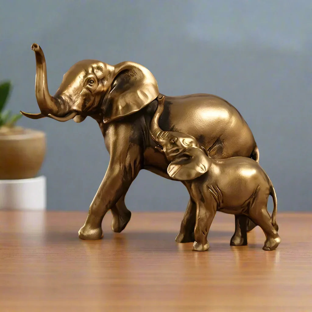 Golden Elephant Mother and Baby Family Figurine Sculpture