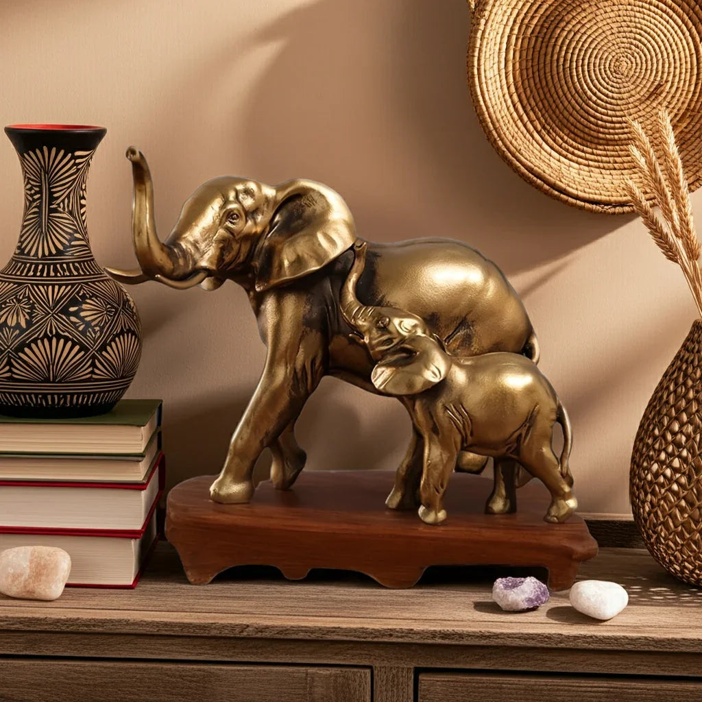 Golden Elephant Mother and Baby Family Figurine Sculpture